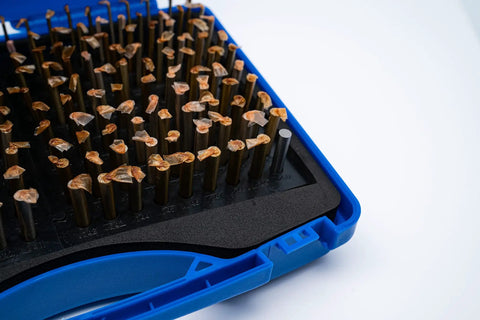 0.061 To 0.250 Inch Pin Gage Set With 190 Pieces In Plastic Case For Precise Hole Diameters And Hole Location Spacing Heat Treated To 60 To 62 RC Centerless Lapped Tolerances Of 0.0002 Inch, blue case