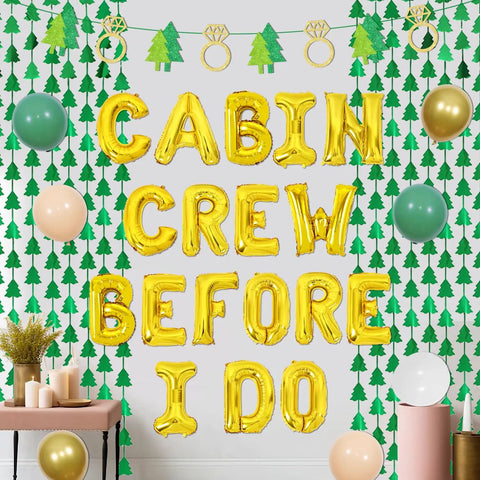 Camping Bachelorette Party Kit With Cabin Crew Before I Do Balloons, foil fringe curtain, green tree decor, and party setup.