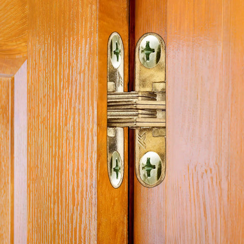 Hidden Cross Zinc Alloy Concealed Hinges Two Pack for wooden doors and lightweight worktops, mounted on wood surface
