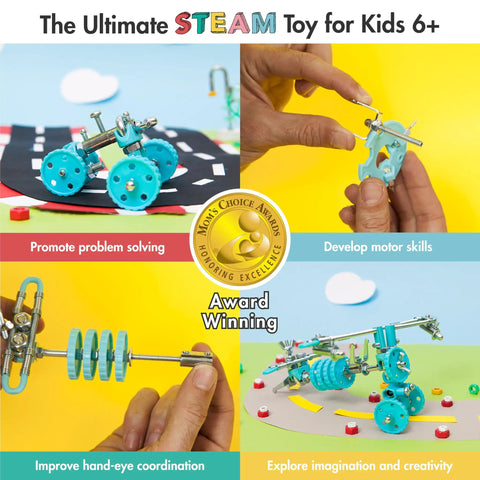 AirBit Build Your Own Airplane STEM Kit For Creative Kids And Curious Adults, hands assembling blue airplane model