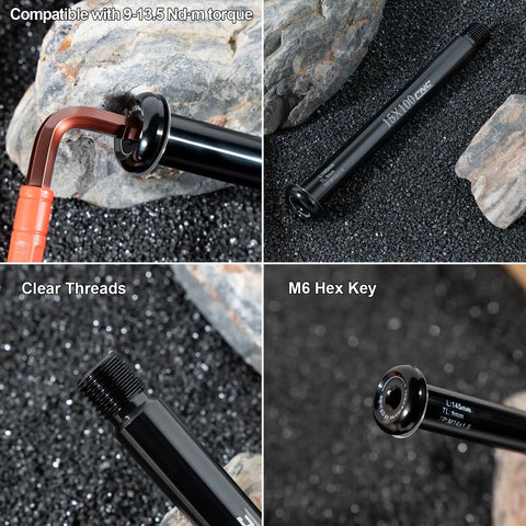 Front Hub Thru Axle 15x100mm And 15x110mm For Fox SC32 34 36 38 40 Forks with M6 Hex Key, close-up on threads and torque compatibility.