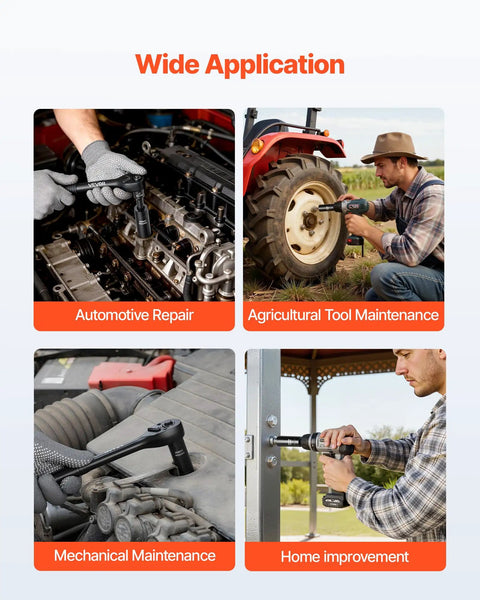 Collage showing 3/8 Inch Drive Impact Socket Set used in automotive repair, agricultural tool maintenance, mechanical maintenance, and home improvement.