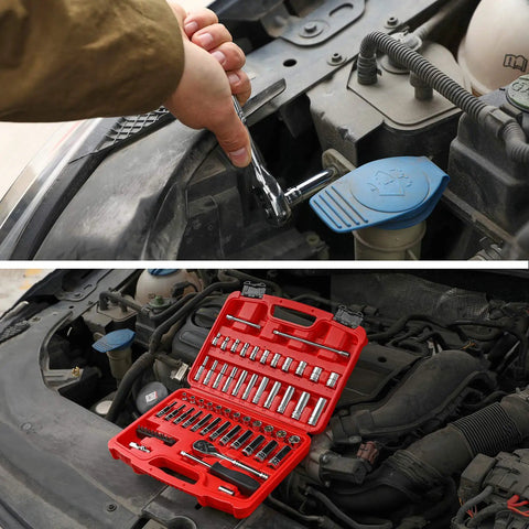 62-Piece One Quarter-Inch Drive Socket Set With Ratchets Universal Joint Extensions And Bits SAE And Metric Six-Point Sockets used in car engine