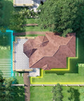 Overhead view of lawn with virtual boundaries shown by Robot Lawn Mower With RTK And Vision Navigation For Ultra Precise Home Lawn Care Up To 2000 Sq M Virtual Boundaries Multi Zone Management App Control Smart Obstacle Avoidance Fully Automatic Mowing.