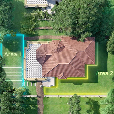 Overhead view of lawn with virtual boundaries shown by Robot Lawn Mower With RTK And Vision Navigation For Ultra Precise Home Lawn Care Up To 2000 Sq M Virtual Boundaries Multi Zone Management App Control Smart Obstacle Avoidance Fully Automatic Mowing.