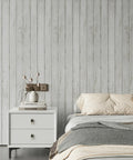 White Gray Wood Peel And Stick Wallpaper 17.71 Inches Wide By 32.8 Feet Long Self Adhesive Vinyl Wall Covering in bedroom setting.