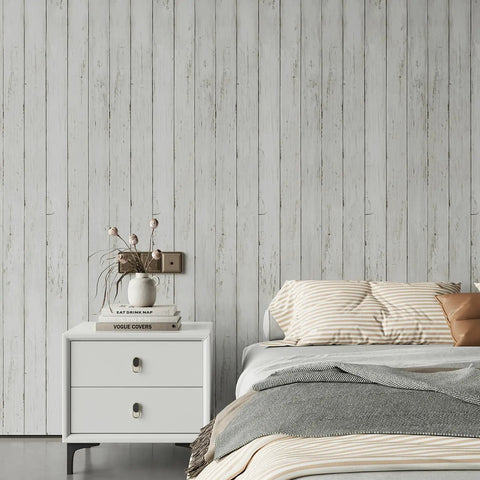 White Gray Wood Peel And Stick Wallpaper 17.71 Inches Wide By 32.8 Feet Long Self Adhesive Vinyl Wall Covering in bedroom setting.