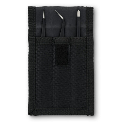 Pro Grade Precision Tweezers Set With Extra Fine Angled And Blunt Tips For Electronics Repair Hobby Industrial Crafting And Professional Work Anti Static Coated For Safe Handling Of Tiny Parts in black fabric case.