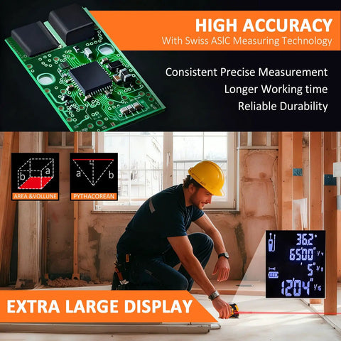 3-in-1 Laser Tape Measure With 197 Ft Laser Range And 16 Ft Manual Tape, Digital Level, Handy Distance Meter For Home Improvement, DIY Projects, Quick Accurate Readouts on a construction site