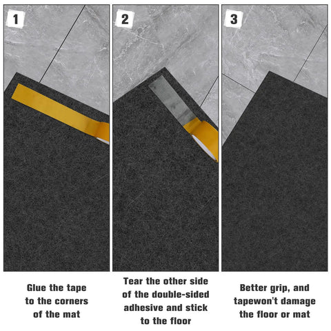 Installation steps for 4 Pack 36 By 72 Inch Oil Spill Mats For Under Car And Garage Drips Absorbent Pads shown on tile floor.