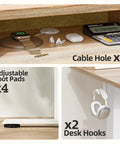 Storage shelf with cable hole, adjustable foot pads, and desk hooks of Electric Sit-Stand Standing Desk With Two Drawers.