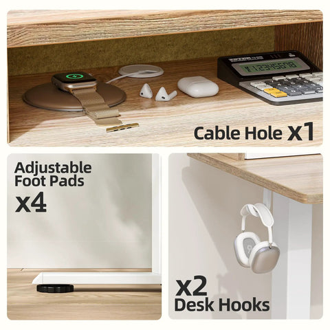 Storage shelf with cable hole, adjustable foot pads, and desk hooks of Electric Sit-Stand Standing Desk With Two Drawers.