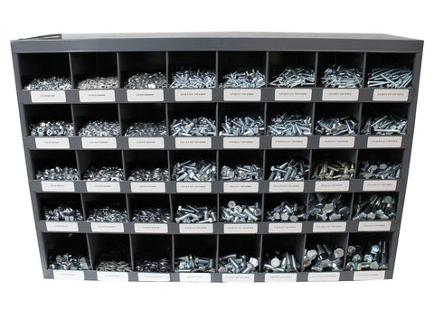 All In One Stainless Steel Bolt Nut And Washer Kit 1/4-20 Through 1/2-13 Includes Hex Head Cap Screws Flat Washers Lock Washers Hex Nuts And Nylon Locknuts In A 40 Hole Bin. Stainless steel fastener bin with labeled compartments