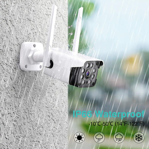 Outdoor No-Fuss Security Camera 1080P WiFi With Night Vision And 8X Digital Zoom mounted outside showing IP66 waterproof feature