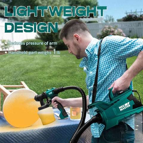 Person using Pro Home Paint Sprayer HVLP Electric Gun with 6ft Hose in garden for furniture painting