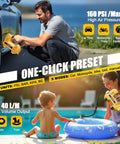 Hella Fast Cordless Tire Inflator With Auto Shut Off And Precision Digital Pressure Gauge Hits 160 PSI, inflating a tire and a pool float.