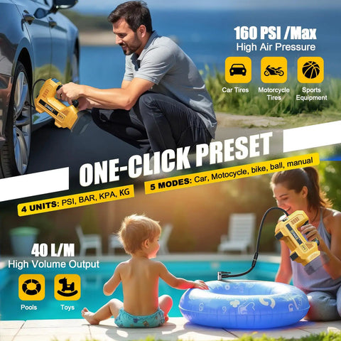 Hella Fast Cordless Tire Inflator With Auto Shut Off And Precision Digital Pressure Gauge Hits 160 PSI, inflating a tire and a pool float.