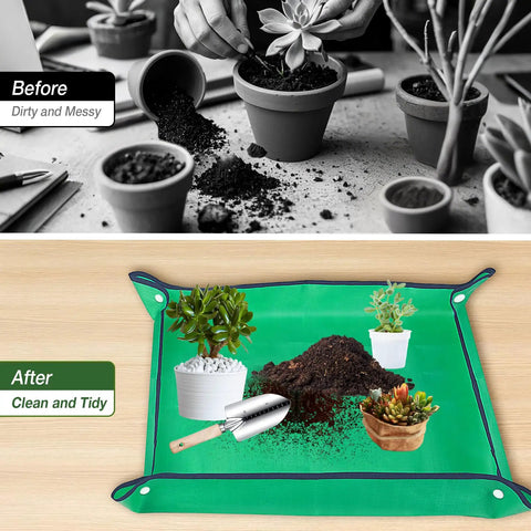 Heavy Duty 9 Piece Garden Tool Set With Floral Organizer Tote Rust Proof Hand Tools Thickened Repotting Mat comparison before and after