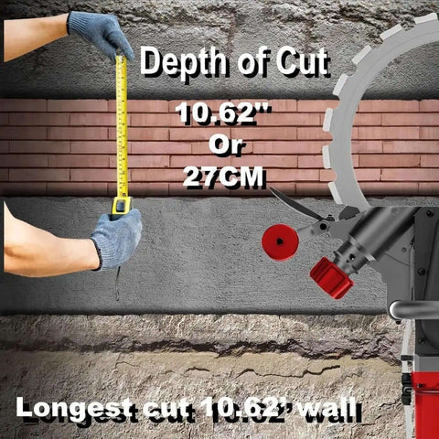 Job Site Ready Electric Concrete Saw Wall Chaser Ring Saw With Low Dust Pump 270mm Diameter shows depth of cut 10.62 inches on bricks.