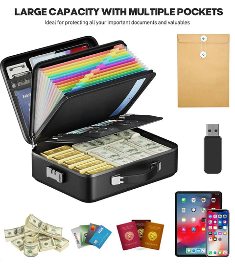 UL94 VTM-0 Certified Fireproof Document Box With Lock, open view showcasing documents, money, and valuables inside compartments