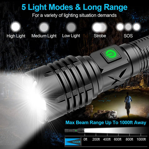 Rechargeable 10000 Lumen LED Tactical Flashlight With 5000mAh Battery demonstrating five light modes and 1000ft beam range.