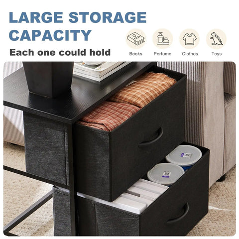 Nightstand With Two Fabric Drawers, Compact Bedside Table For Bedroom Or Dorm Room, 20 Inch Tall End Table With Ample Storage, open fabric drawers displaying stored items, Classic Black Finish, Versatile Small Dresser For Night Gear And Must Have Essentials.