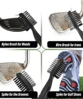 All In One Golf Essentials Kit With Water Brush, Microfiber Towel, Club Brush, Ball Marker showing brushes for woods, irons, grooves, shoes