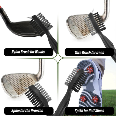 All In One Golf Essentials Kit With Water Brush, Microfiber Towel, Club Brush, Ball Marker showing brushes for woods, irons, grooves, shoes