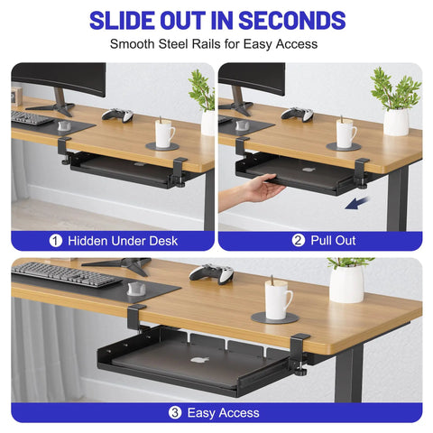 Sliding Under Desk Laptop Mount No Drill Setup With Slick Metal Storage Shelf For Grab And Go Access And Hidden Workspace Saver Desk Game Changer Maximizes Home Office Without Clutter Or Damage, showing easy slide-out function.