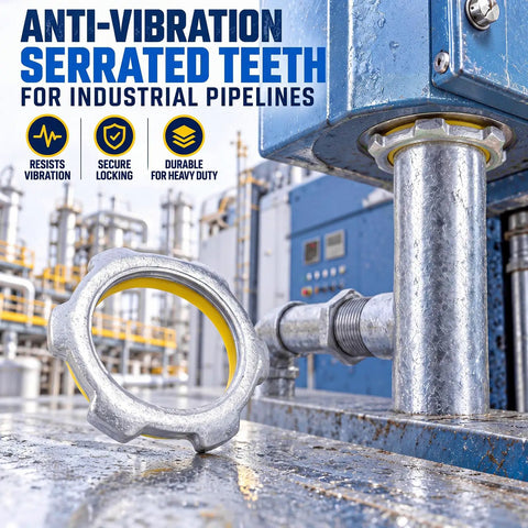 Fifty Count Galvanized Steel Sealing Conduit Locknuts With Molded PVC Gasket For Three Quarter Inch Boxes Heavy Duty Weatherproof Emt Fitting featuring serrated edges on industrial pipeline.