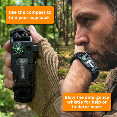 Tactical Paracord Compass Survival Bracelet Set With Fire Starter Kit And Whistle for hiking with a man using the compass
