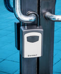 Combination Key Lock Box With Outdoor Wall Mount And Door Hanger For Realtors And Airbnb Hosts Easy Home Key Access Hidden Secure Storage For House Keys And Garage attached to metal gate.