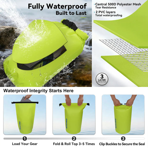 Floating Waterproof Dry Bag Backpack 40L in bright yellow, showcasing watertight roll top, welded seams, and secure buckles on water.