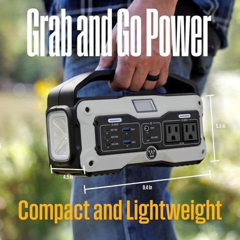 Person holding Portable Power Station and Solar Generator 400W Peak, 183Wh Lithium Battery With LED Display, DC Outlet