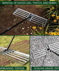 Pro Grade Lawn Leveling Rake with Stainless Steel Pole in use on soil, leveling garden and gravel paths, showcasing heavy-duty high carbon steel.