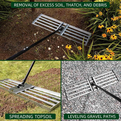 Pro Grade Lawn Leveling Rake with Stainless Steel Pole in use on soil, leveling garden and gravel paths, showcasing heavy-duty high carbon steel.