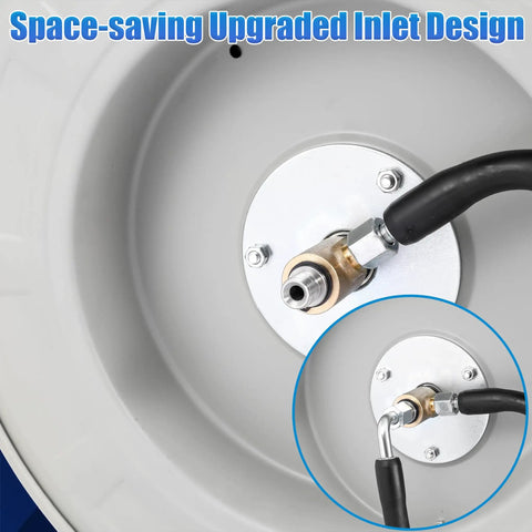 Space-saving upgraded inlet on Heavy Duty 100 Ft Retractable Pressure Washer Hose Reel With Auto Rewind One Quarter Inch Hose Wall Mounted
