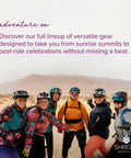 Group of women in colorful activewear posing outdoors in desert landscape, promoting versatile gear for adventure.