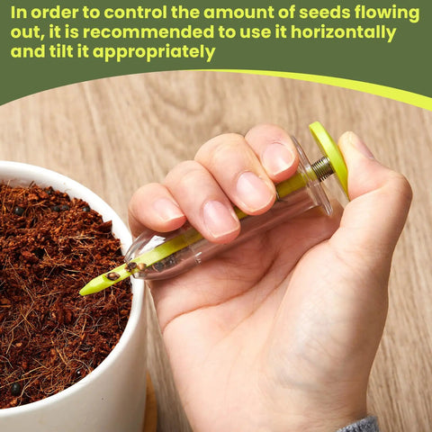 Person using Six Piece Mini Seed Dispenser Kit With Two Transplanting Tools And Seed Planter for precise sowing, fluorescent yellow.
