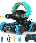 Remote Control Battle Tank That Shoots Foam Darts, 16 Darts Included; includes blue RC car, remote, and accessories for kids