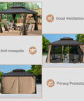 10x12 Hardtop Gazebo With Gutters And Galvanized Double Roof For Year-Round Outdoor Living shown with curtains and netting