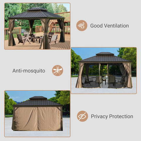 10x12 Hardtop Gazebo With Gutters And Galvanized Double Roof For Year-Round Outdoor Living shown with curtains and netting