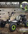 Gas Powered Off Road Go Kart For Adults And Teens Fourteen Plus With 212cc Four Stroke Engine specs indicators on rocky terrain