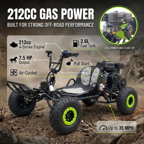 Gas Powered Off Road Go Kart For Adults And Teens Fourteen Plus With 212cc Four Stroke Engine specs indicators on rocky terrain