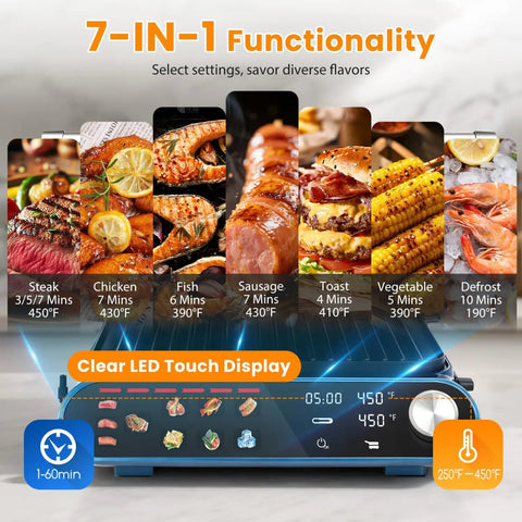 Taylor Swoden 7-In-1 Panini Press Sandwich Maker Electric Indoor Grill Waffle Iron with clear LED touch display showcasing settings.