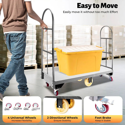Heavy-Duty Platform Dolly For Industrial Transport 64.6 Inch Long Steel Cart With 6 Wheels 2000 Lb Capacity Removable Side Rails moving storage bin in warehouse