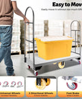 Heavy Duty Platform Truck Dolly With Slick Swivel Casters Marine Deck Hauler No Sweat Utility Dolly for moving yellow bin on warehouse floor.