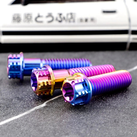 Pack Of 4 Grade 5 Titanium Torx Bolts M10 X 1.25 Pitch Brake Caliper Screws Dual Drive Flange Head assorted lengths in vibrant colors.