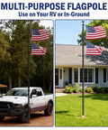 20Ft RV Telescoping Flag Pole Kit With Heavy Duty 14 Gauge Aluminum Flagpole And Tire Mount Base Portable Flag Kit displayed by truck and home