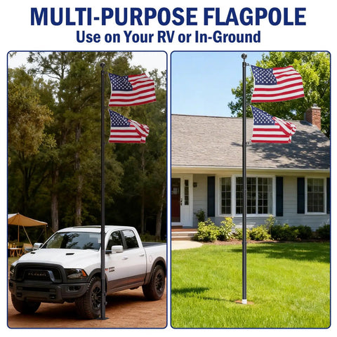 20Ft RV Telescoping Flag Pole Kit With Heavy Duty 14 Gauge Aluminum Flagpole And Tire Mount Base Portable Flag Kit displayed by truck and home